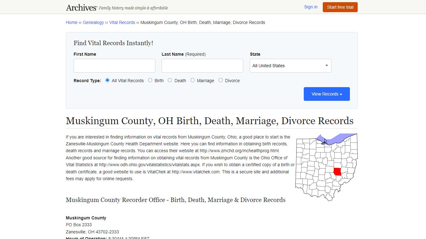 Muskingum County, OH Birth, Death, Marriage, Divorce Records - Archives.com